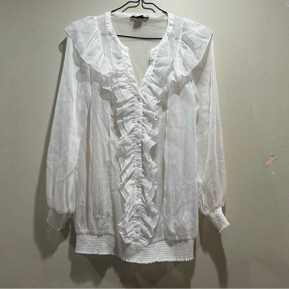 KENSIE oversized sheer white ruffles V-neck  pleas peasant blouse. Size XS